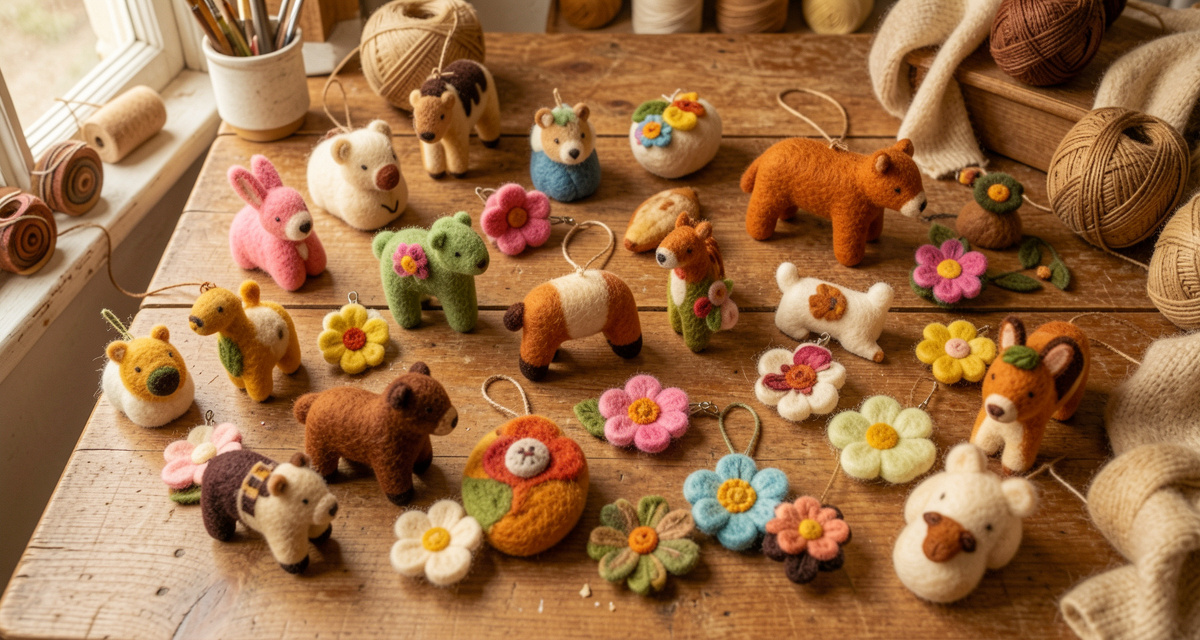 Handmade felt items arranged on a wooden table